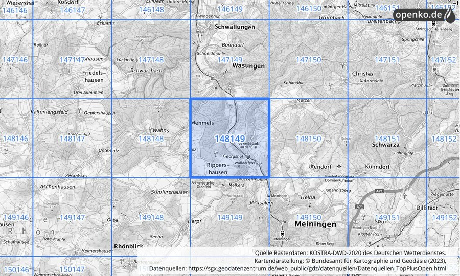 Übersichtskarte des KOSTRA-DWD-2020-Rasterfeldes Nr. 148149