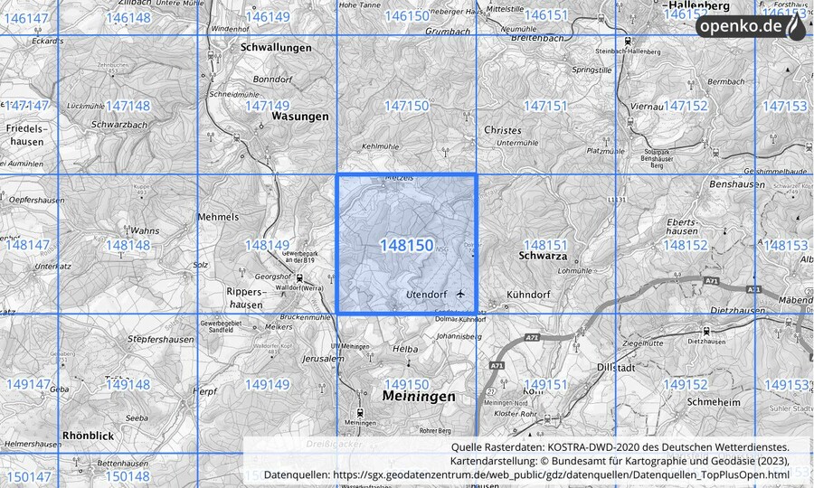 Übersichtskarte des KOSTRA-DWD-2020-Rasterfeldes Nr. 148150