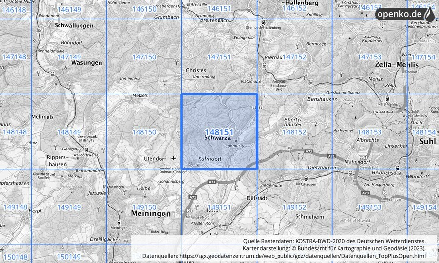 Übersichtskarte des KOSTRA-DWD-2020-Rasterfeldes Nr. 148151