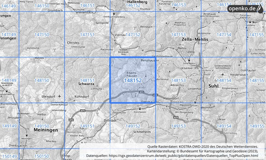 Übersichtskarte des KOSTRA-DWD-2020-Rasterfeldes Nr. 148152