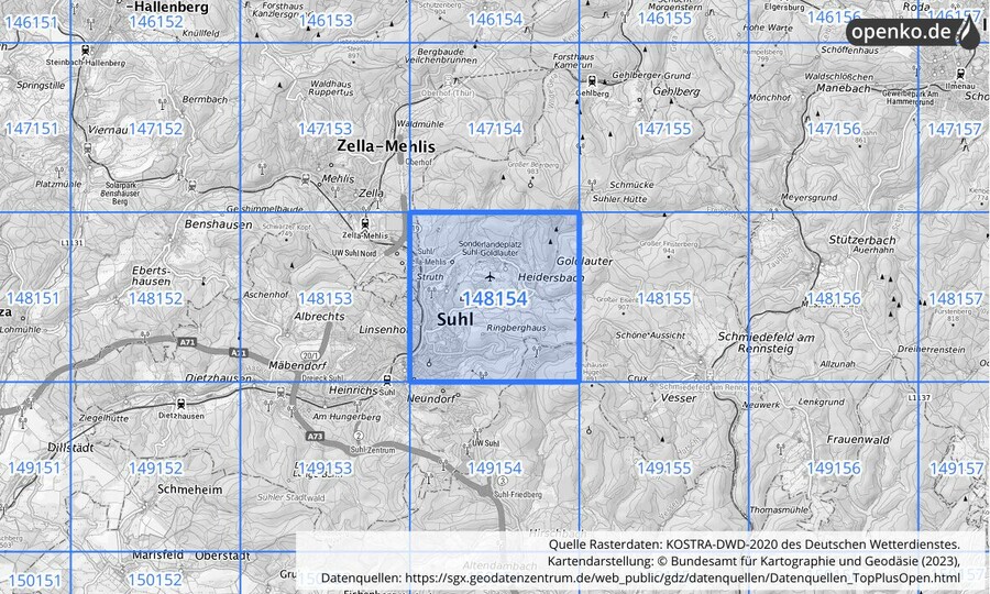 Übersichtskarte des KOSTRA-DWD-2020-Rasterfeldes Nr. 148154