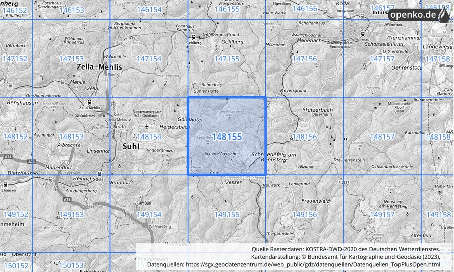 Übersichtskarte des KOSTRA-DWD-2020-Rasterfeldes Nr. 148155