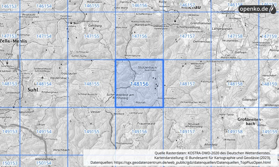 Übersichtskarte des KOSTRA-DWD-2020-Rasterfeldes Nr. 148156