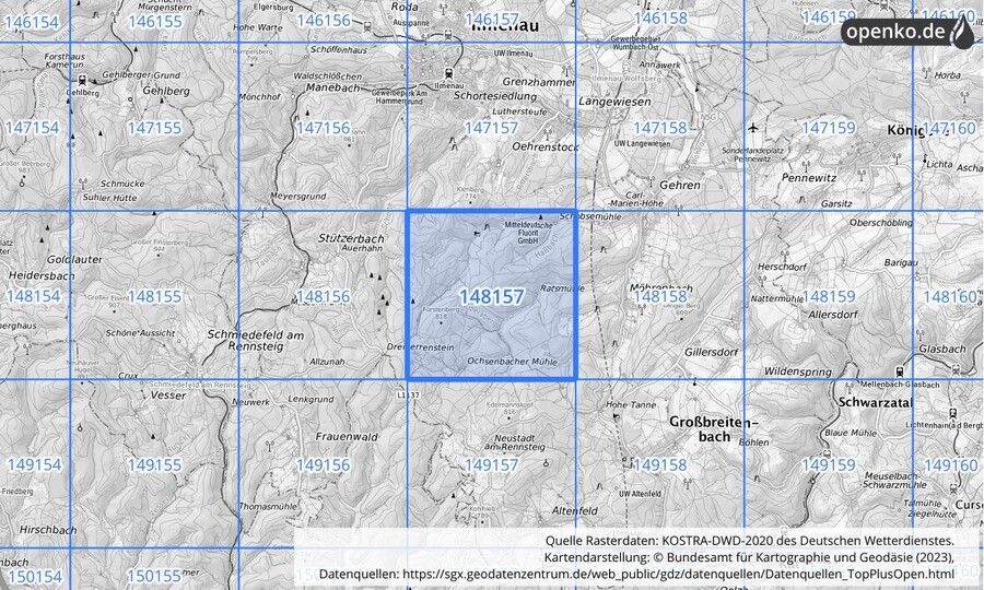 Übersichtskarte des KOSTRA-DWD-2020-Rasterfeldes Nr. 148157
