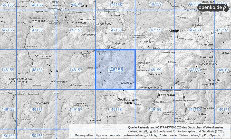 Übersichtskarte des KOSTRA-DWD-2020-Rasterfeldes Nr. 148158