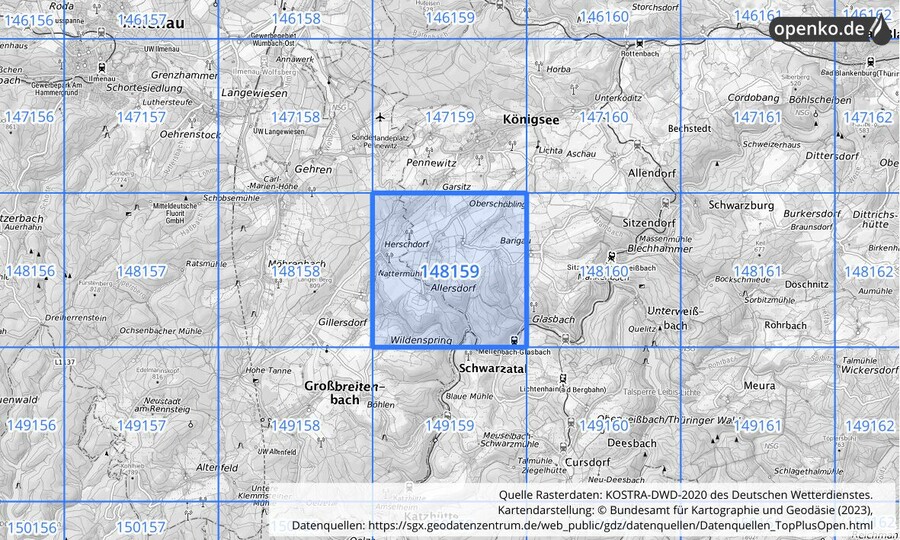 Übersichtskarte des KOSTRA-DWD-2020-Rasterfeldes Nr. 148159