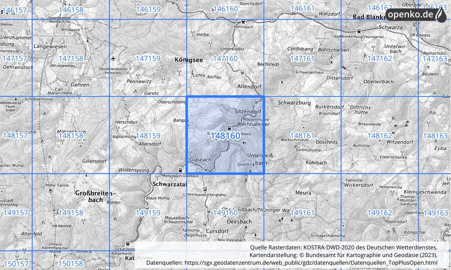 Übersichtskarte des KOSTRA-DWD-2020-Rasterfeldes Nr. 148160