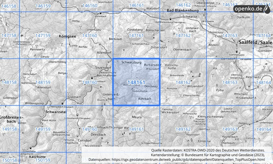 Übersichtskarte des KOSTRA-DWD-2020-Rasterfeldes Nr. 148161