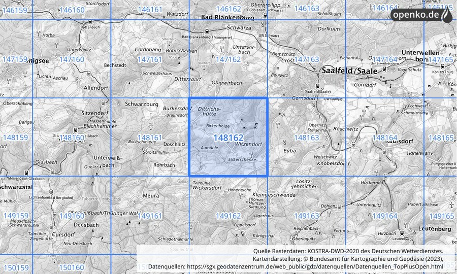 Übersichtskarte des KOSTRA-DWD-2020-Rasterfeldes Nr. 148162