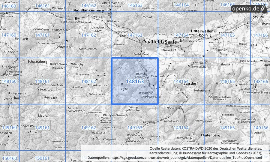 Übersichtskarte des KOSTRA-DWD-2020-Rasterfeldes Nr. 148163