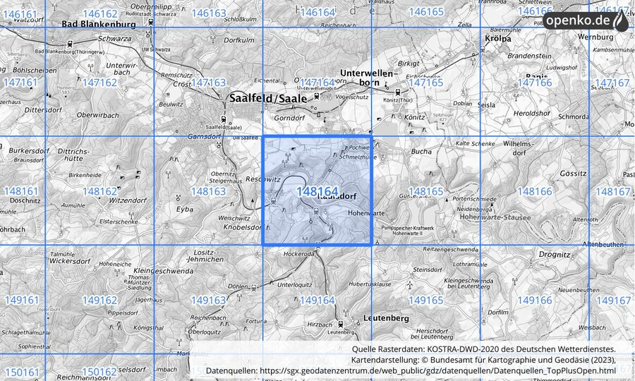Übersichtskarte des KOSTRA-DWD-2020-Rasterfeldes Nr. 148164