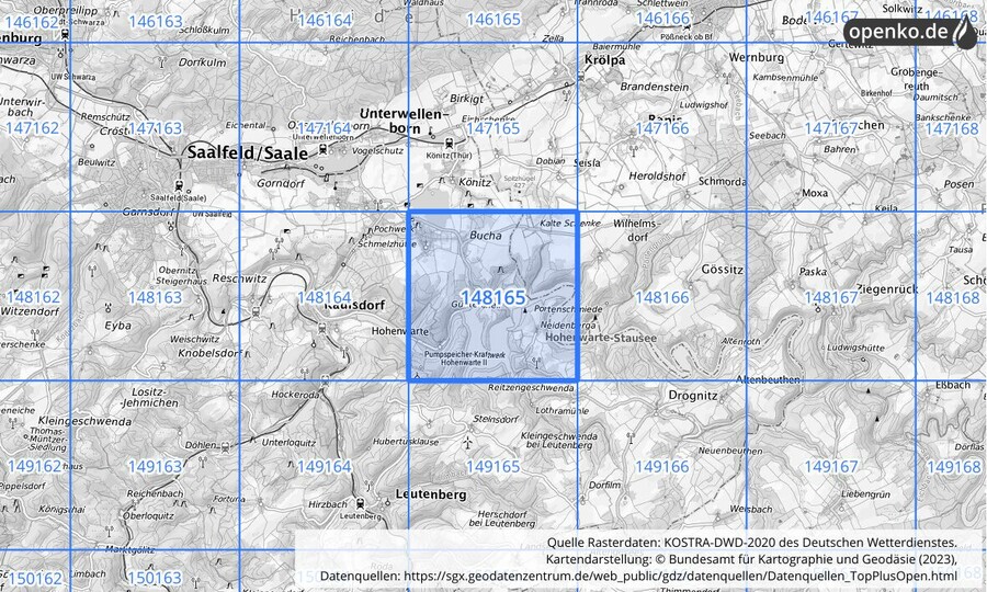 Übersichtskarte des KOSTRA-DWD-2020-Rasterfeldes Nr. 148165