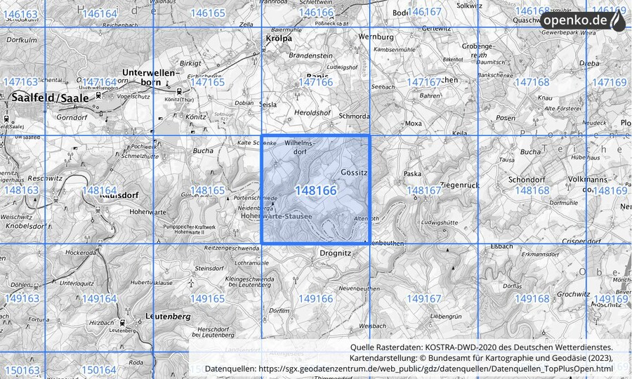 Übersichtskarte des KOSTRA-DWD-2020-Rasterfeldes Nr. 148166