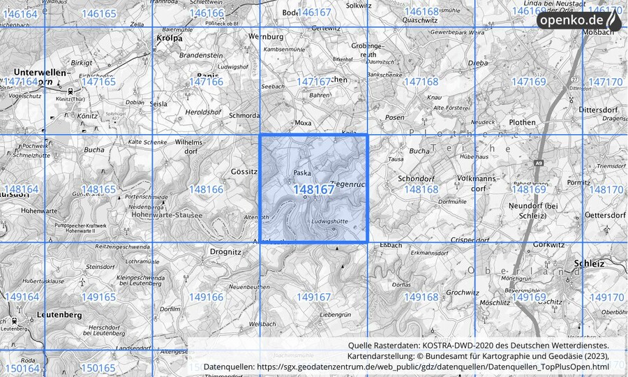 Übersichtskarte des KOSTRA-DWD-2020-Rasterfeldes Nr. 148167