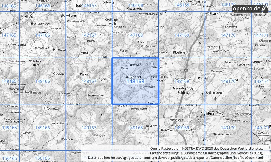 Übersichtskarte des KOSTRA-DWD-2020-Rasterfeldes Nr. 148168