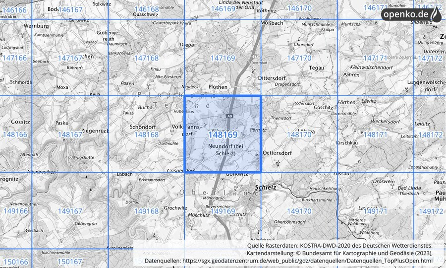 Übersichtskarte des KOSTRA-DWD-2020-Rasterfeldes Nr. 148169