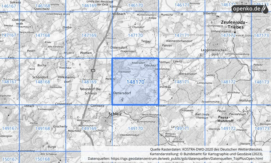 Übersichtskarte des KOSTRA-DWD-2020-Rasterfeldes Nr. 148170