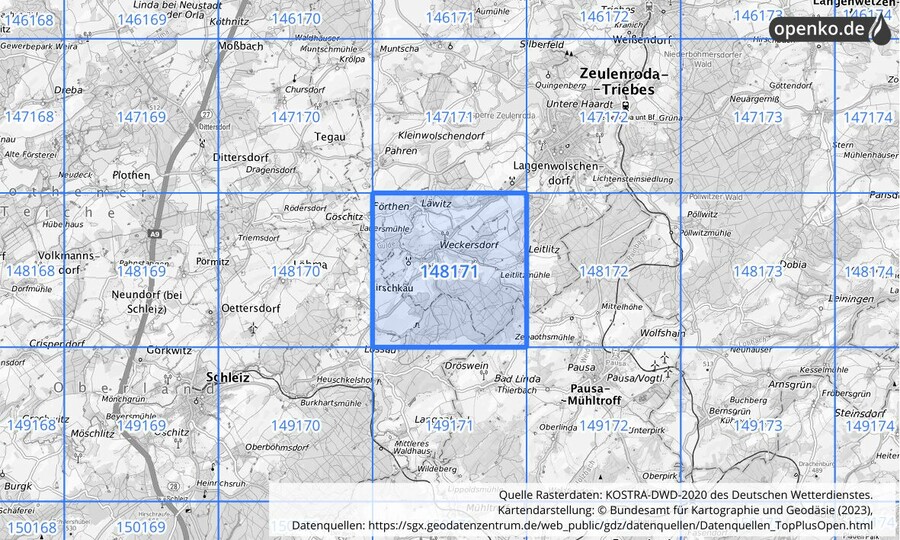 Übersichtskarte des KOSTRA-DWD-2020-Rasterfeldes Nr. 148171