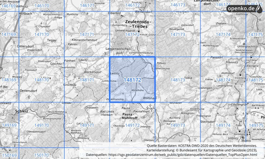 Übersichtskarte des KOSTRA-DWD-2020-Rasterfeldes Nr. 148172