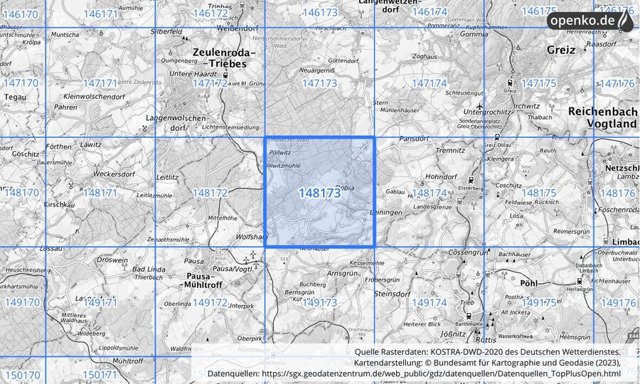 Übersichtskarte des KOSTRA-DWD-2020-Rasterfeldes Nr. 148173