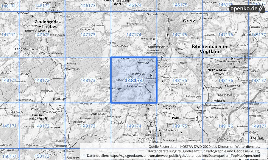 Übersichtskarte des KOSTRA-DWD-2020-Rasterfeldes Nr. 148174