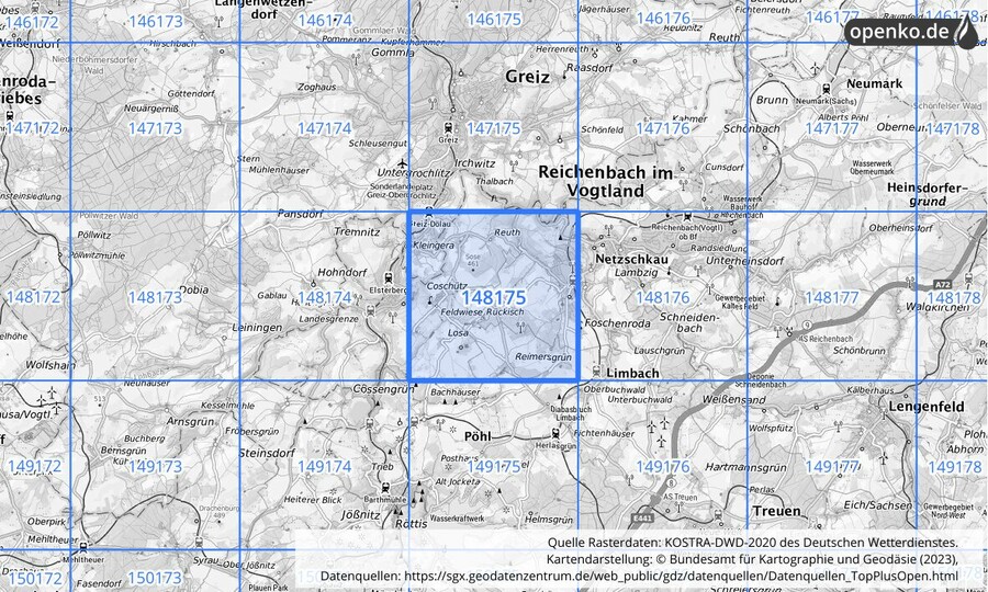Übersichtskarte des KOSTRA-DWD-2020-Rasterfeldes Nr. 148175