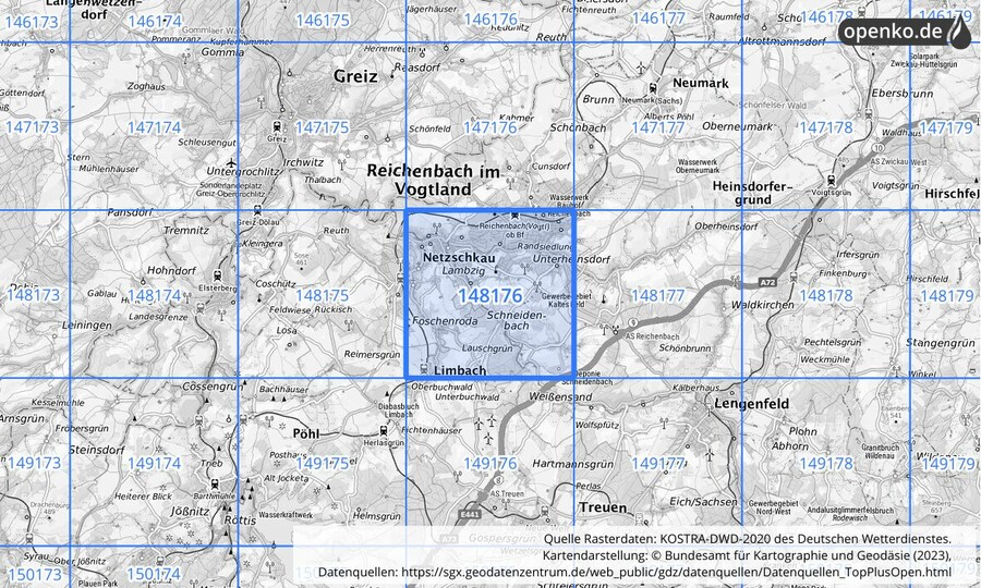 Übersichtskarte des KOSTRA-DWD-2020-Rasterfeldes Nr. 148176