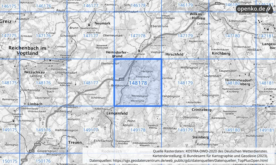 Übersichtskarte des KOSTRA-DWD-2020-Rasterfeldes Nr. 148178