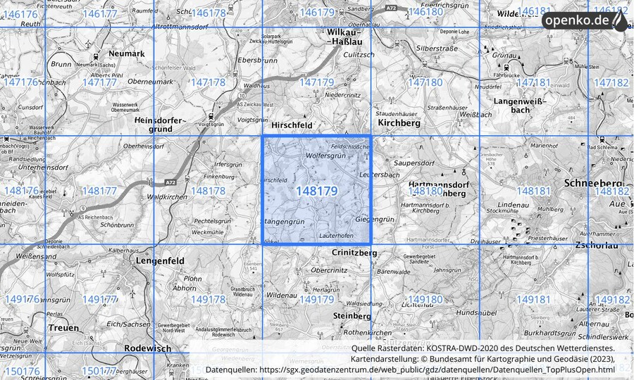 Übersichtskarte des KOSTRA-DWD-2020-Rasterfeldes Nr. 148179
