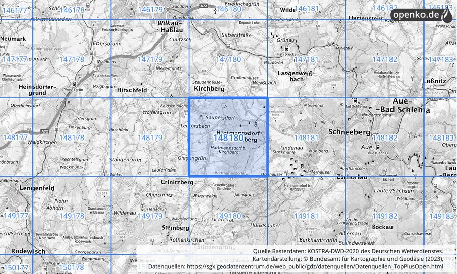Übersichtskarte des KOSTRA-DWD-2020-Rasterfeldes Nr. 148180