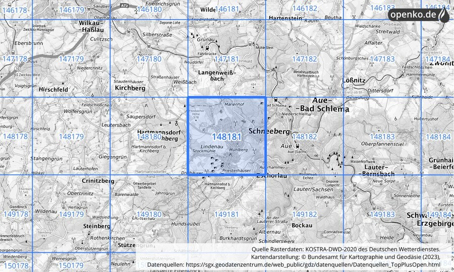 Übersichtskarte des KOSTRA-DWD-2020-Rasterfeldes Nr. 148181