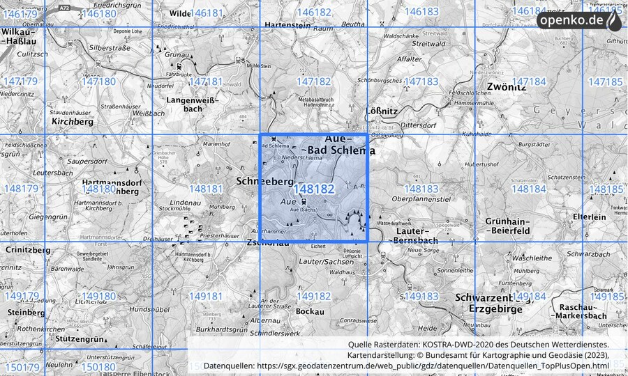 Übersichtskarte des KOSTRA-DWD-2020-Rasterfeldes Nr. 148182