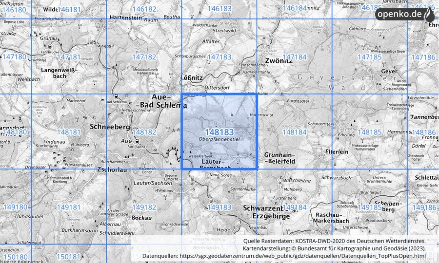 Übersichtskarte des KOSTRA-DWD-2020-Rasterfeldes Nr. 148183