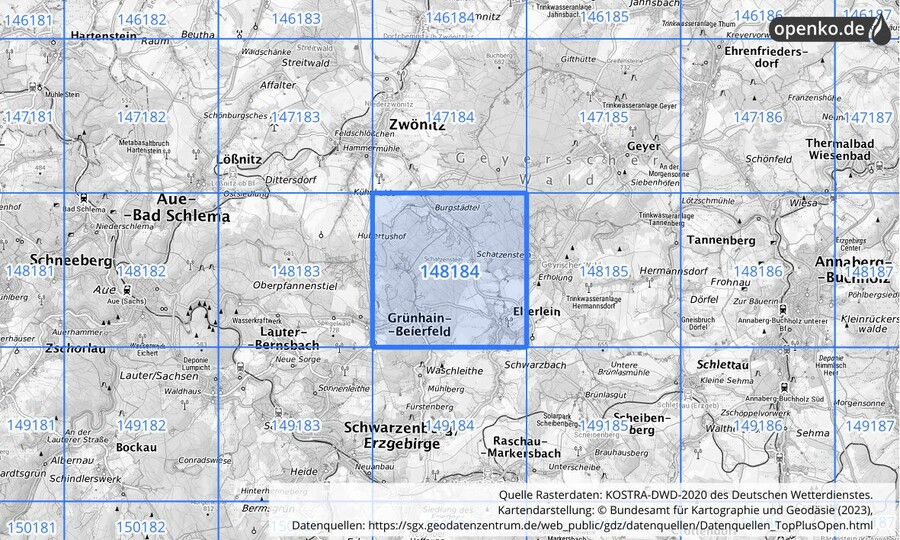 Übersichtskarte des KOSTRA-DWD-2020-Rasterfeldes Nr. 148184