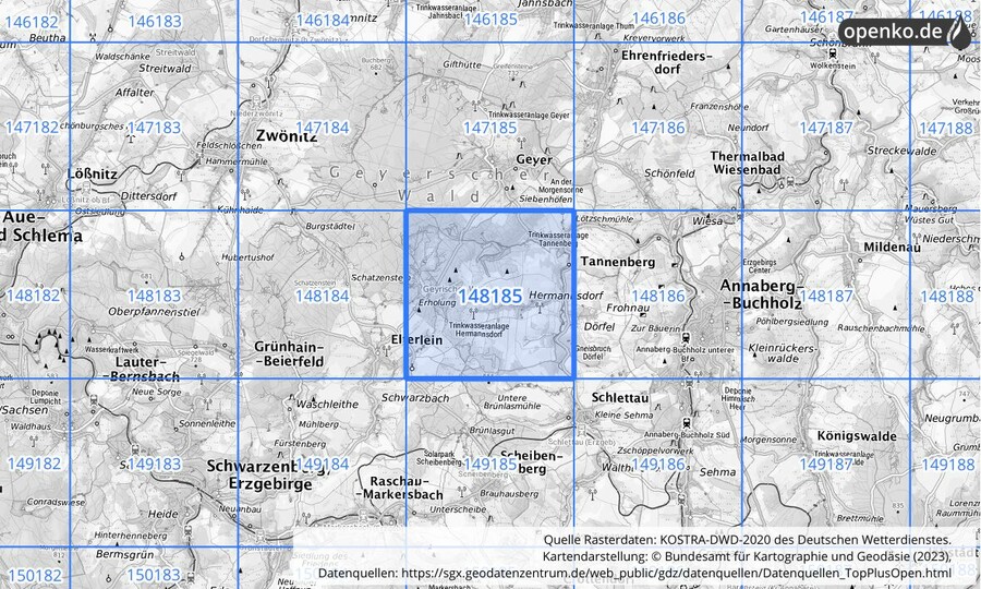 Übersichtskarte des KOSTRA-DWD-2020-Rasterfeldes Nr. 148185