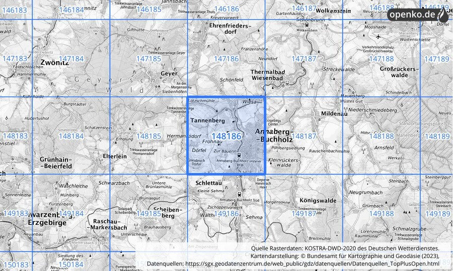 Übersichtskarte des KOSTRA-DWD-2020-Rasterfeldes Nr. 148186