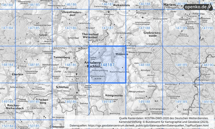 Übersichtskarte des KOSTRA-DWD-2020-Rasterfeldes Nr. 148187