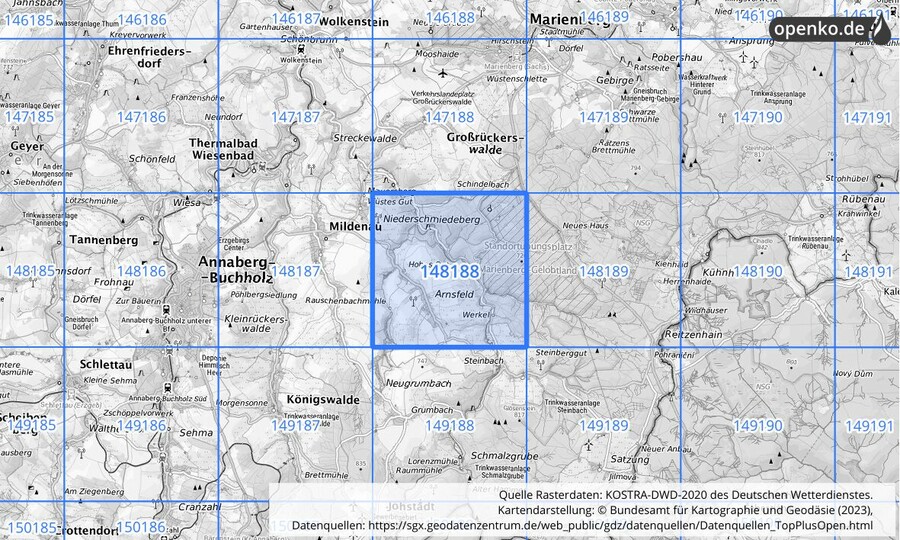 Übersichtskarte des KOSTRA-DWD-2020-Rasterfeldes Nr. 148188