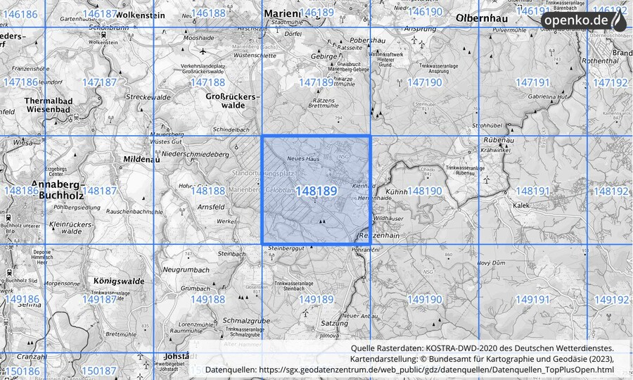 Übersichtskarte des KOSTRA-DWD-2020-Rasterfeldes Nr. 148189