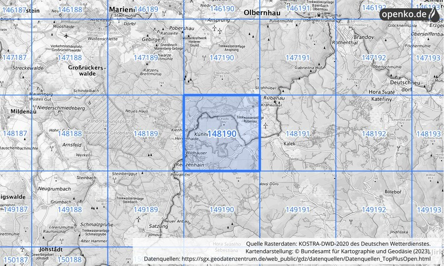 Übersichtskarte des KOSTRA-DWD-2020-Rasterfeldes Nr. 148190