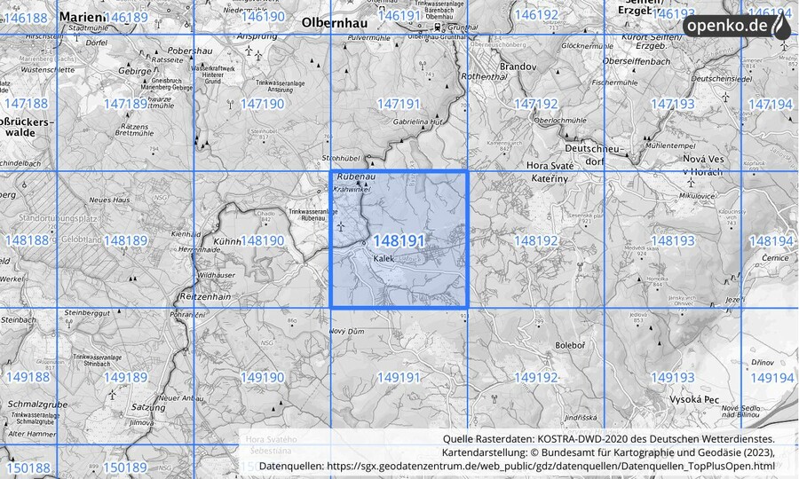 Übersichtskarte des KOSTRA-DWD-2020-Rasterfeldes Nr. 148191