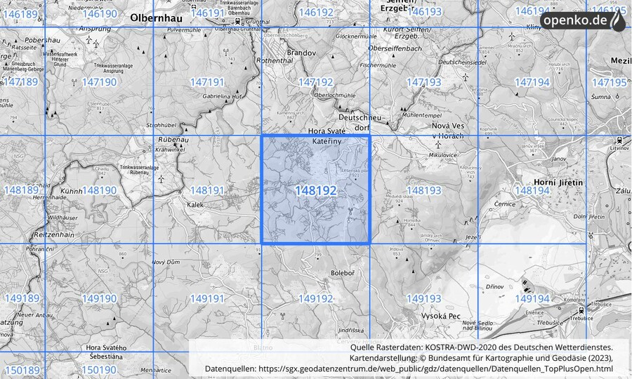 Übersichtskarte des KOSTRA-DWD-2020-Rasterfeldes Nr. 148192