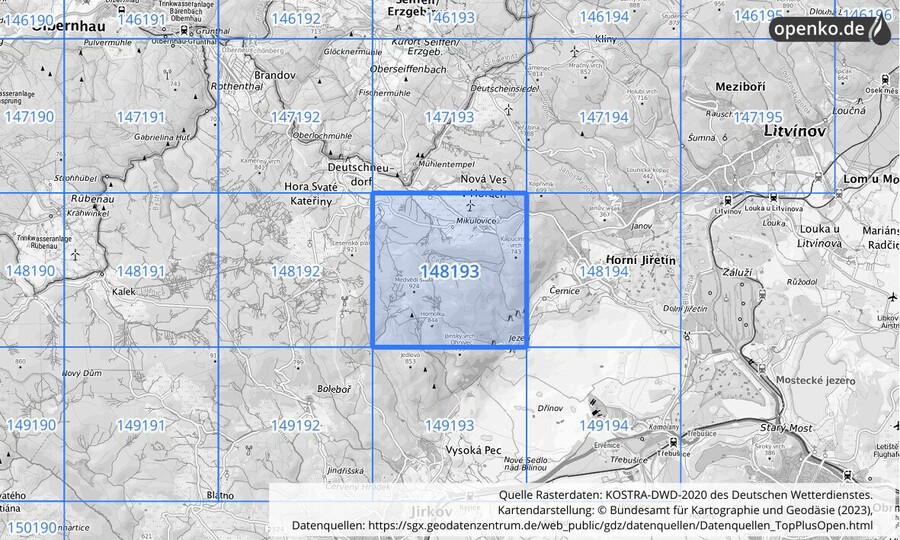 Übersichtskarte des KOSTRA-DWD-2020-Rasterfeldes Nr. 148193