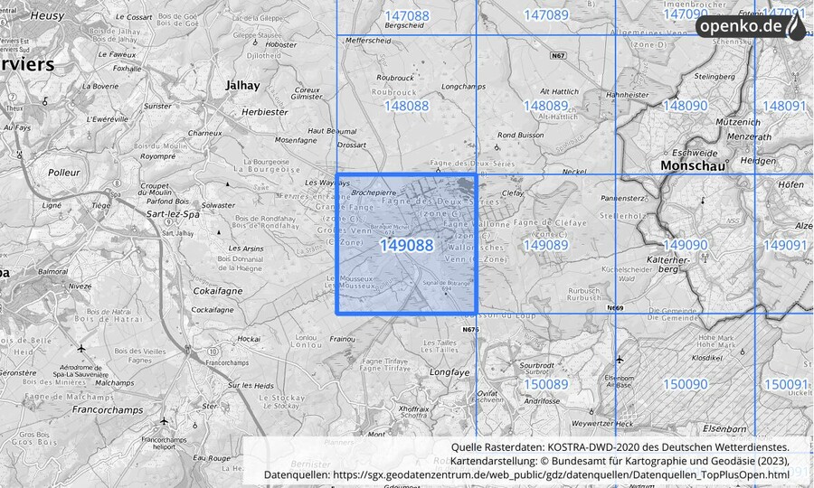 Übersichtskarte des KOSTRA-DWD-2020-Rasterfeldes Nr. 149088