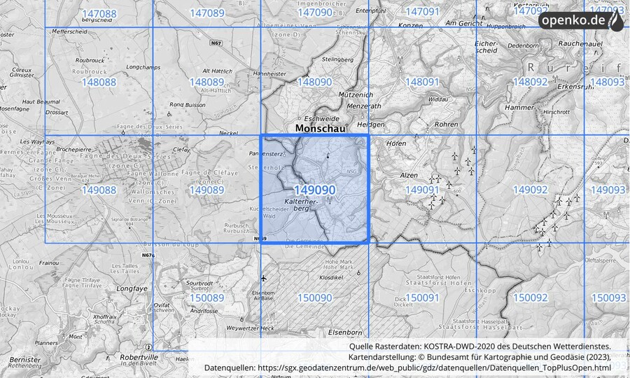 Übersichtskarte des KOSTRA-DWD-2020-Rasterfeldes Nr. 149090