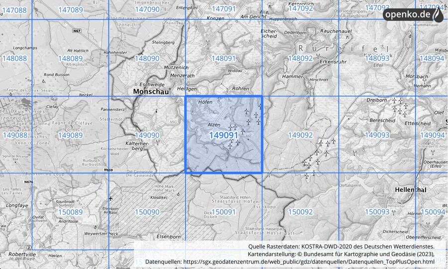 Übersichtskarte des KOSTRA-DWD-2020-Rasterfeldes Nr. 149091