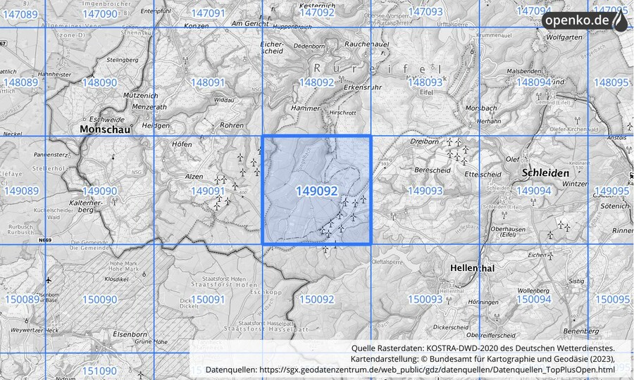 Übersichtskarte des KOSTRA-DWD-2020-Rasterfeldes Nr. 149092