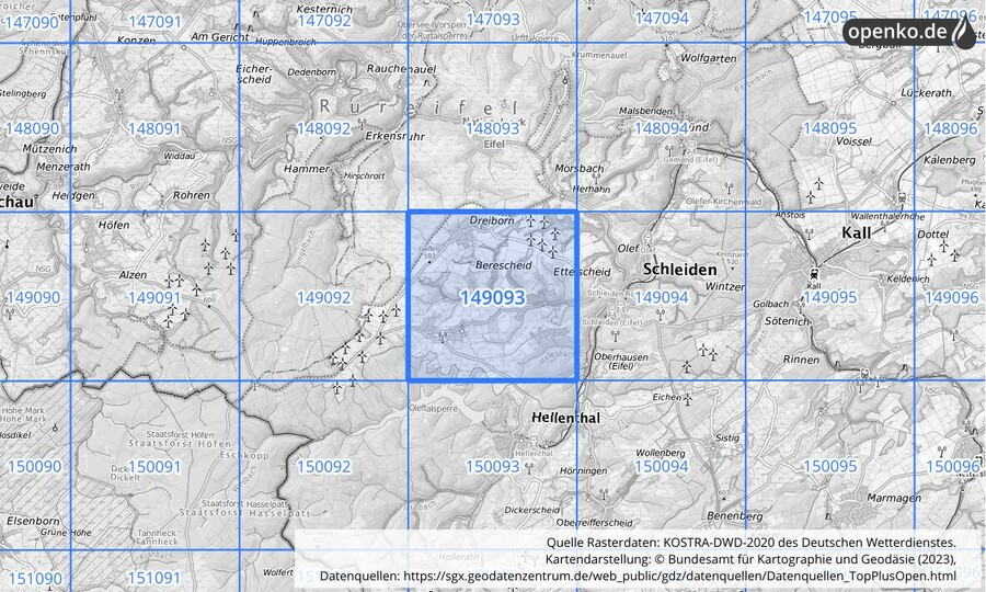 Übersichtskarte des KOSTRA-DWD-2020-Rasterfeldes Nr. 149093