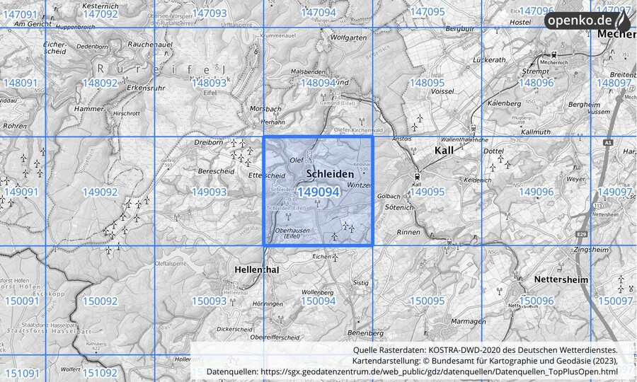 Übersichtskarte des KOSTRA-DWD-2020-Rasterfeldes Nr. 149094