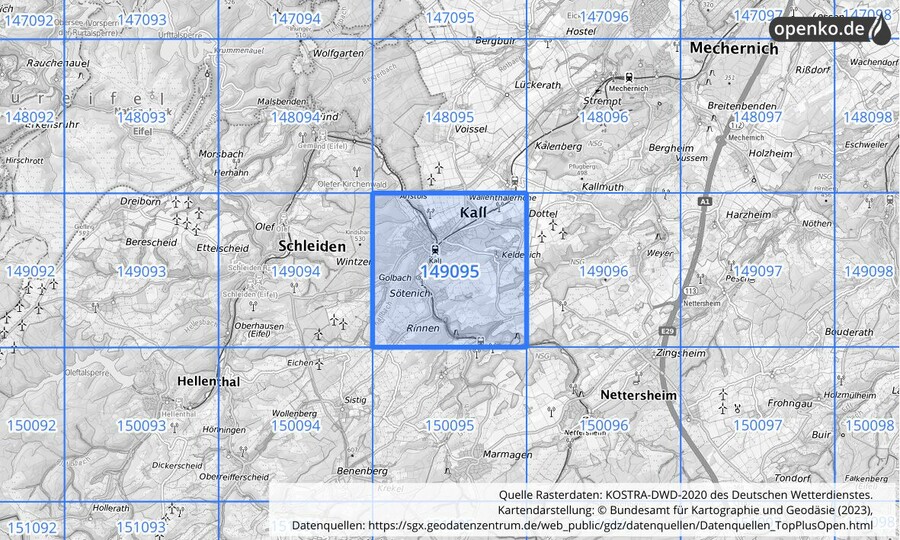 Übersichtskarte des KOSTRA-DWD-2020-Rasterfeldes Nr. 149095